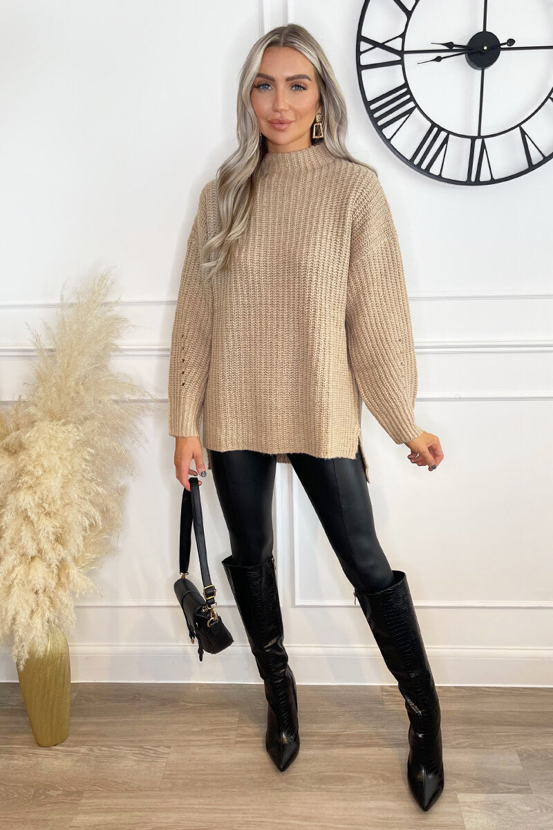 Oatmeal Mock Neck Oversized Knit Jumper