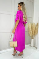 Hot Pink Batwing Top Wrap Skirt Midi Dress