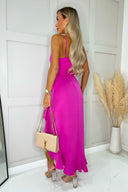 Hot Pink Racer Neck High Low Frill Hem Midi Dress