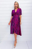 Cerise And Navy Animal Print Wrap Midi Dress