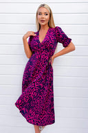 Cerise And Navy Animal Print Wrap Midi Dress