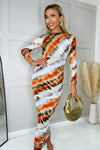 Cream And Orange Abstract Print Mesh Long Sleeve Bodycon Midi Dress