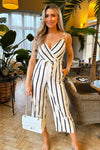 Cream And Navy Striped Wrap Top Tie Waist Jumpsuit