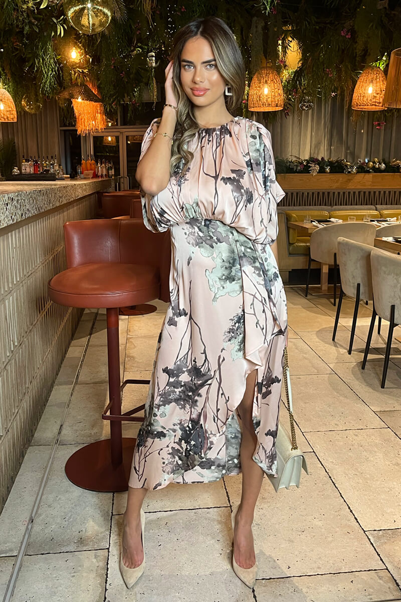 Dusty Pink Printed Batwing Top Wrap Skirt Midi Dress