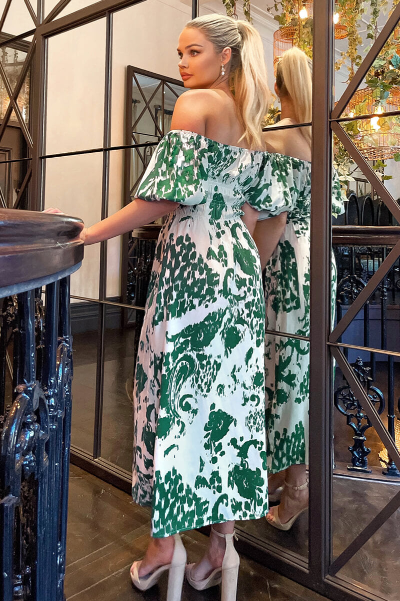 Cream and Green Printed Elasticated Waist Bardot Midi Dress