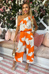 Blood Orange Floral Print One Shoulder Jumpsuit