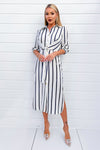 Cream And Navy Striped Button Up 3/4 Sleeve Midi Dress