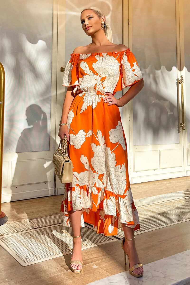 Blood Orange Printed Bardot Style Midi Dress AX Paris