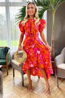 Pink And Orange Floral Printed Short Puff Sleeve Gathered Side Midi Dress