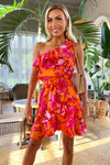 Pink And Orange Floral One Shoulder Frill Mini Dress