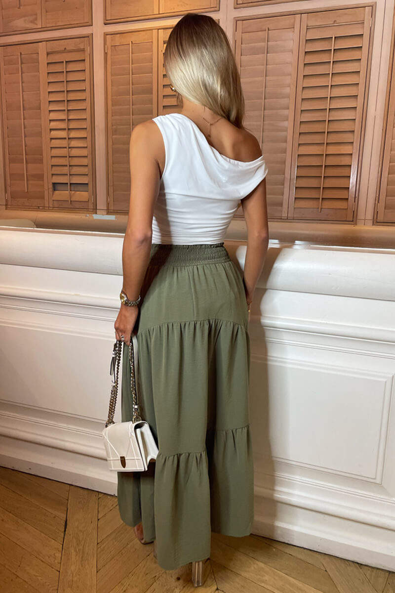 Khaki Shirred Waist Maxi Skirt