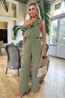 Khaki Frill One Shoulder Jumpsuit