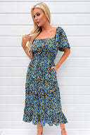 Blue Floral Printed Flutter Sleeve Midi Smock Dress