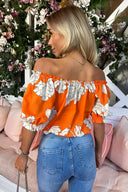 Orange Floral Print Elasticated Off The Shoulder Frill Detail Top