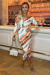 Cream And Orange Abstract Print Long Sleeve Wrap Midi Dress