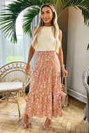 Mocha Print Shirred Waist Maxi Skirt