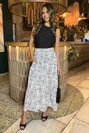 Black And White Animal Print Shirred Waist Maxi Skirt