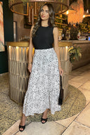 Black And White Animal Print Shirred Waist Maxi Skirt