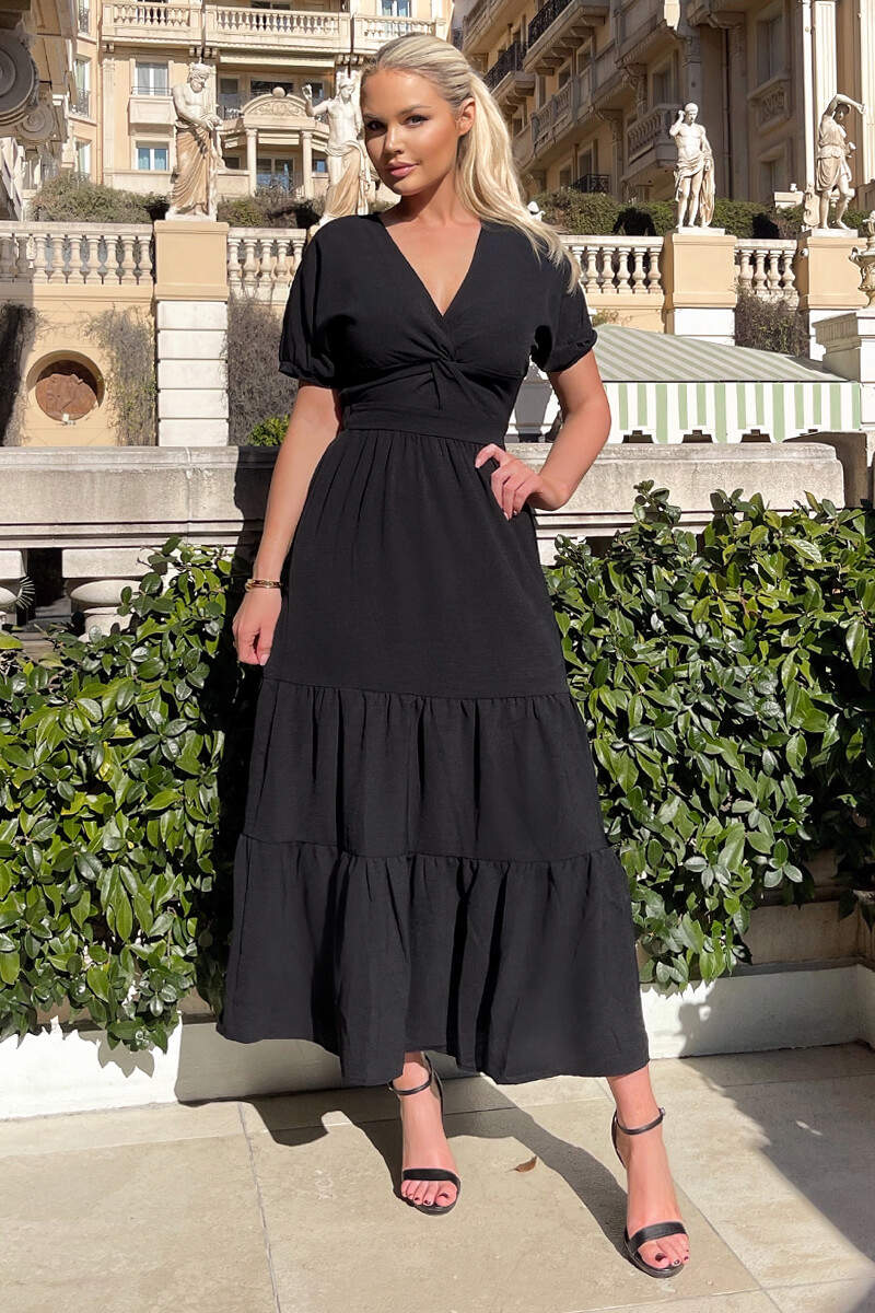 Black Twist Front Maxi Smock Dress