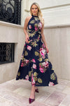 Navy Floral Printed High Neck Tie Belt Midi Dress