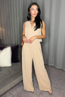 Stone Wide Leg Trousers With Elasticated Waist