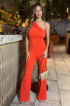 Burnt Orange One Shoulder Ruched Top Slinky Jumpsuit