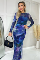 Blue Printed Mesh Overlay Long Sleeve Bodycon Midi Dress