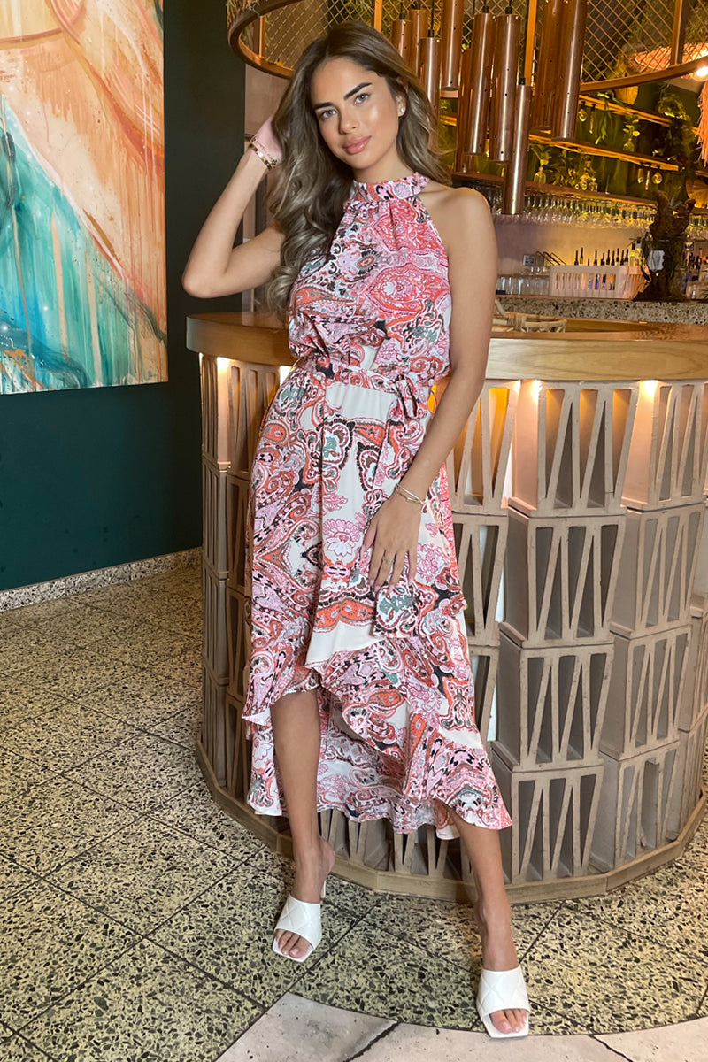 Multi Print Paisley Halter Neck Tie Waist Midi Dress