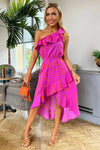 Hot Pink Printed One Shoulder Frill Detail Dipped Hem Dress