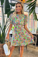 Multi Garden Print Puff Sleeve Mini Skater Dress