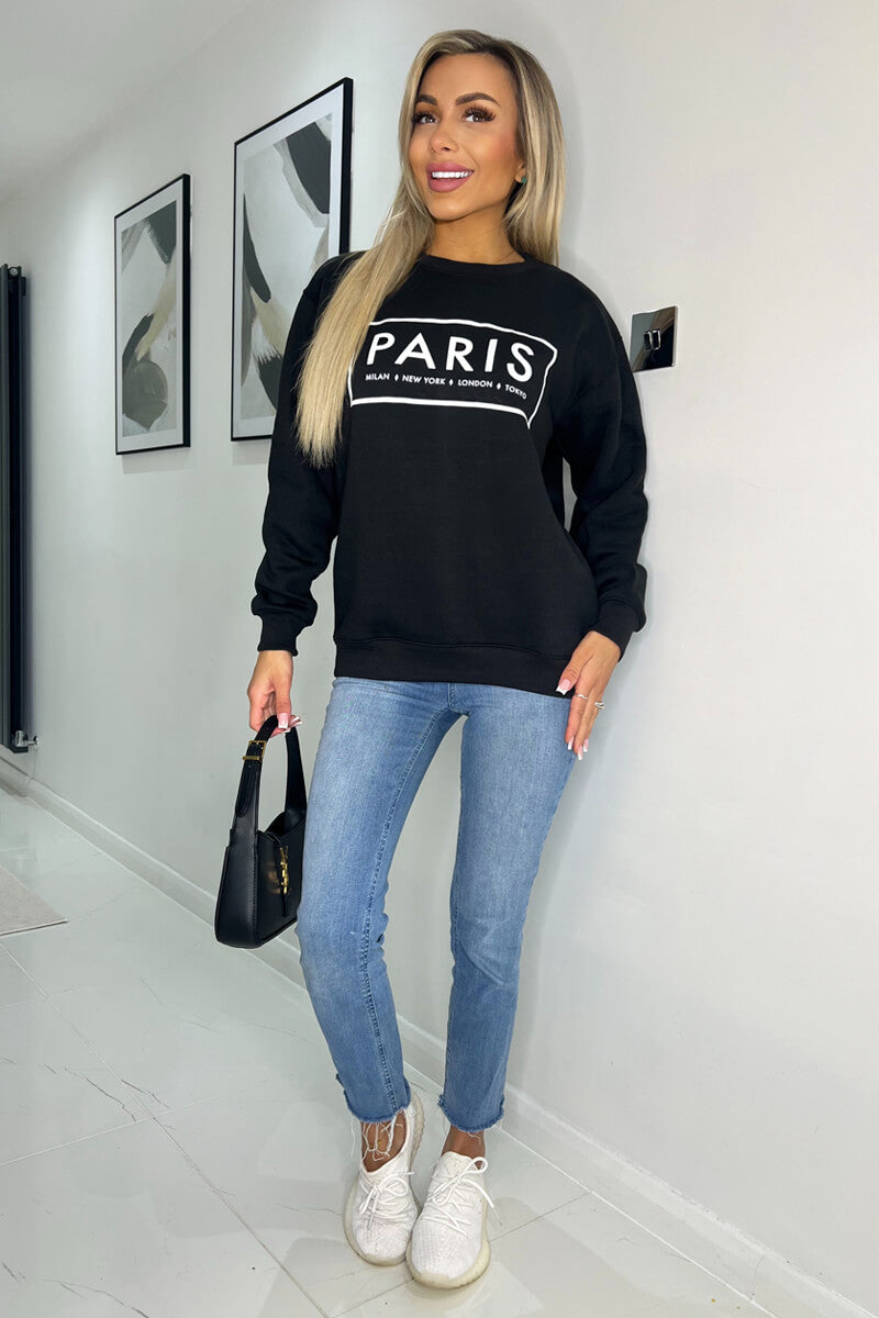 Black Paris Slogan Crew Neck Sweatshirt