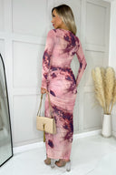 Blush Printed Mesh Overlay Long Sleeve Bodycon Midi Dress