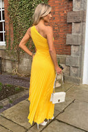 Yellow One Shoulder Cut Out Pleated Midi Dress