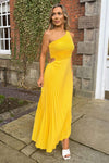 Yellow One Shoulder Cut Out Pleated Midi Dress