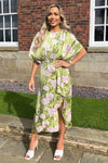 Green Floral Satin Batwing Top Wrap Skirt Midi Dress