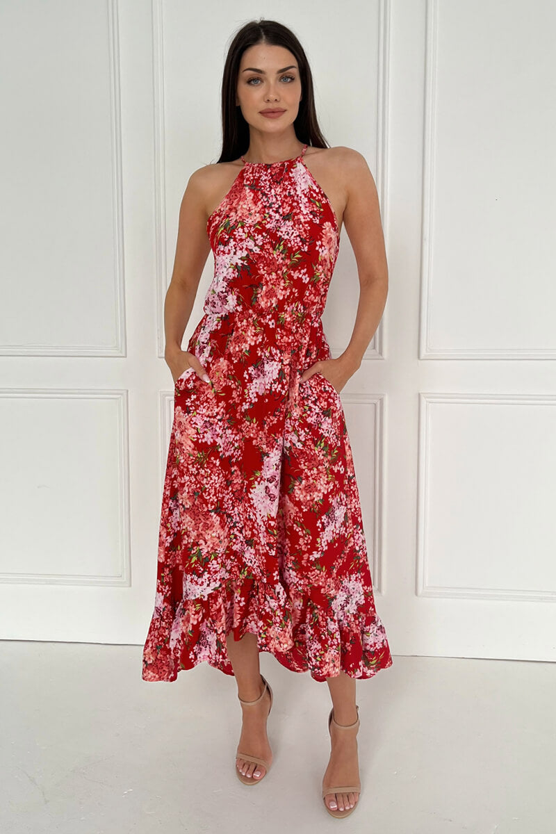 Red Floral Printed Frill Hem High Neck Midi Dress