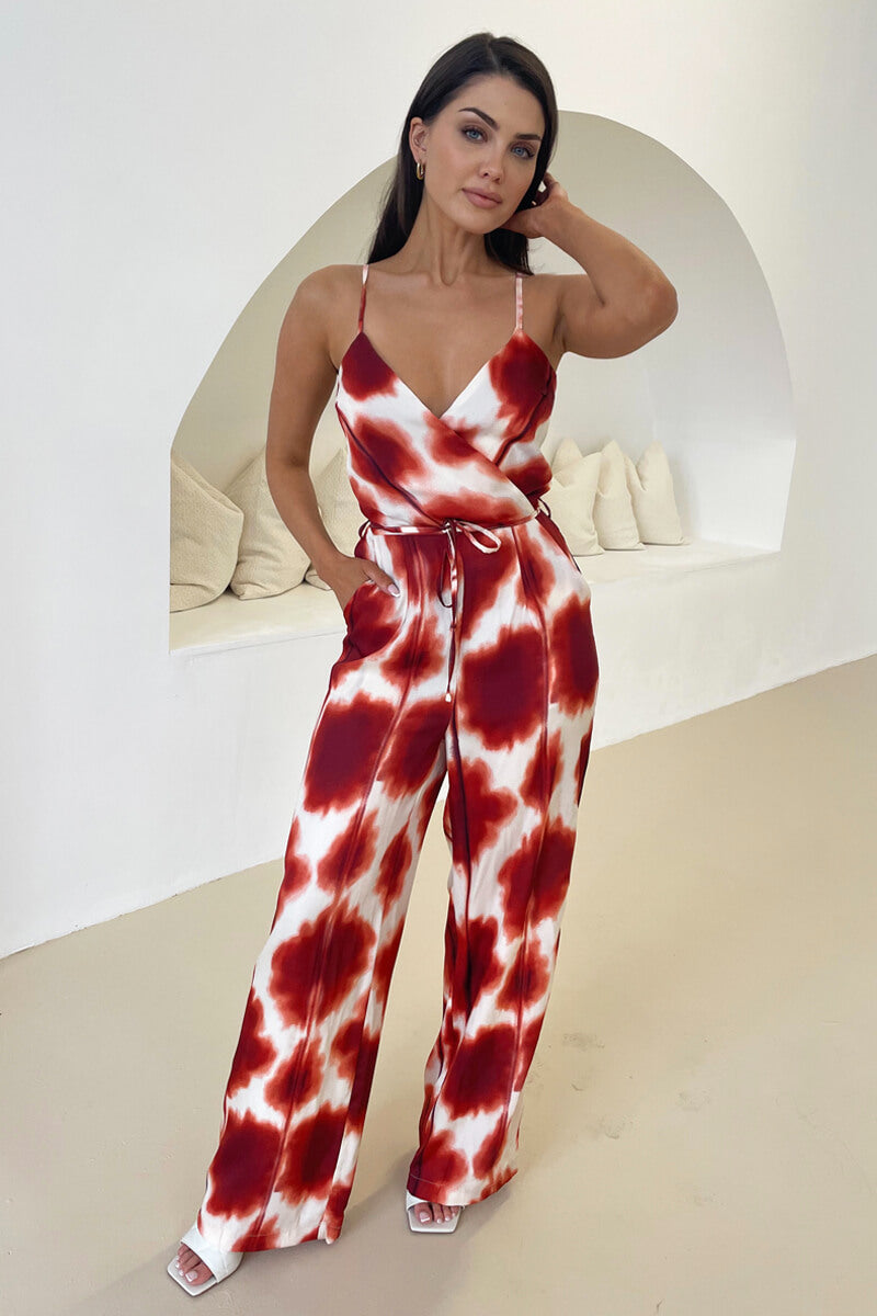 Rust Printed Strappy Tie Waist Jumpsuit