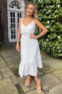 White Broderie Frill Hem Midi Dress