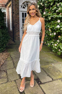 White Broderie Frill Hem Midi Dress