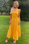 Yellow Frill Strap Tiered Midi Dress