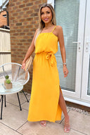 Yellow Tie Waist Strappy Split Leg Midi Dress