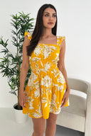 Yellow Floral Printed Frill Strap Mini Dress