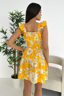 Yellow Floral Printed Frill Strap Mini Dress