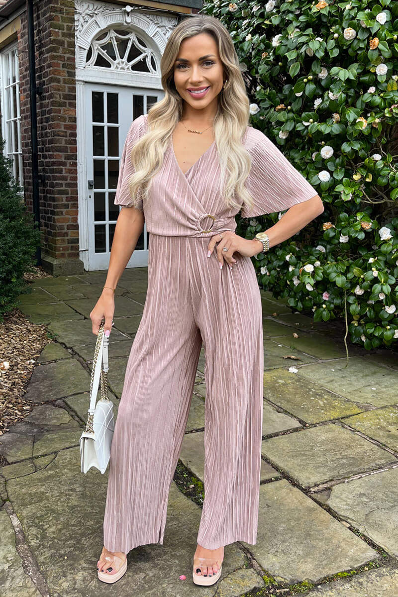 Taupe Wrap Top Short Sleeve Plisse Jumpsuit