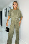 Light Khaki Wide Sleeve Tie Waist Plisse Jumpsuit