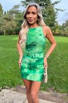 Green Tie Dye Round Neck Belted Skort Cargo Playsuit