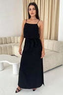 Black Tie Waist Strappy Split Leg Midi Dress