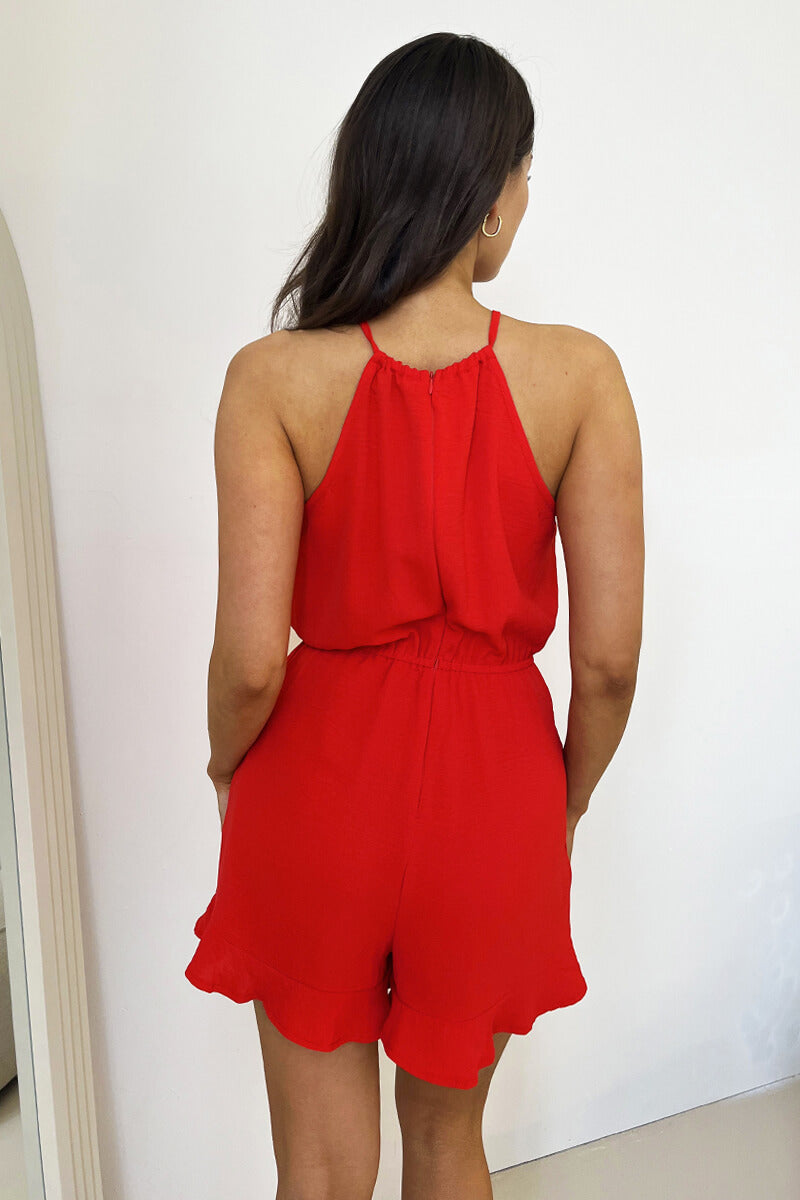 Red Halter Neck Tie Waist Playsuit