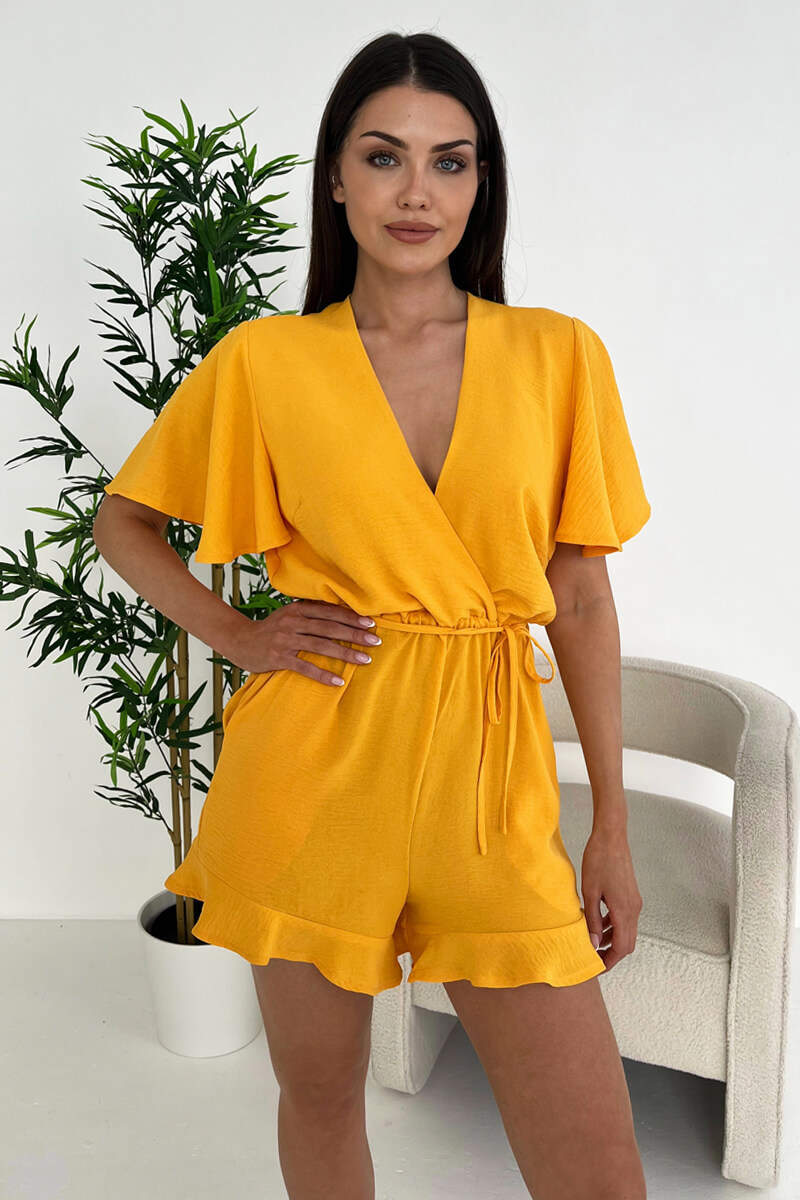 Yellow Butterfly Sleeve Wrap Top Tie Waist Playsuit