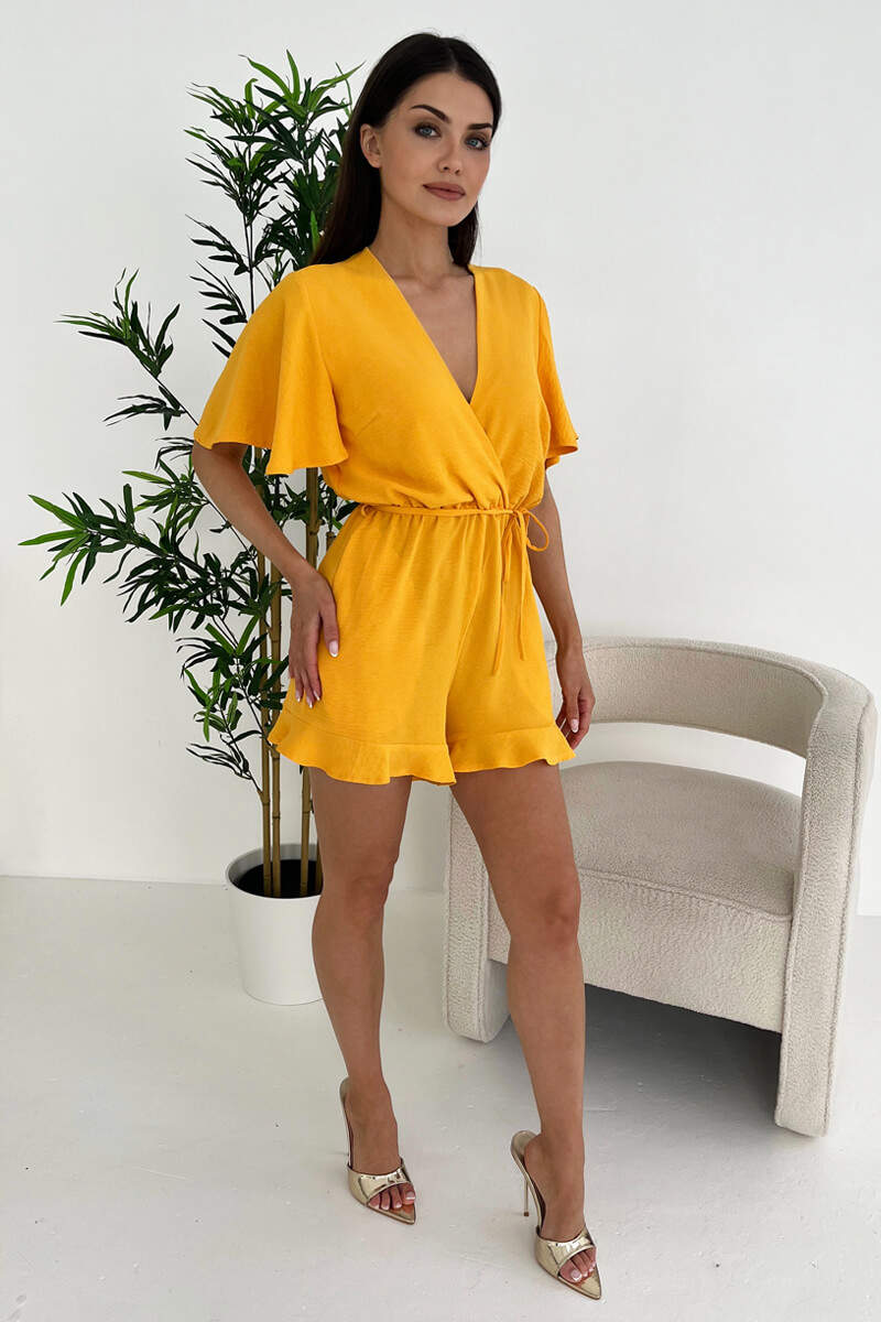 Yellow Butterfly Sleeve Wrap Top Tie Waist Playsuit